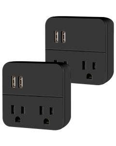 Cordinate 2-Outlet 2-USB Wall Tap With Surge Protection, 2 Pack, Black